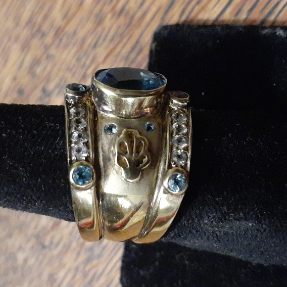 14K OVERLAY STERLING SILVER BLUE/ WHITE TOPAZ RING SIZE 7.5 - Picture 5 of 7